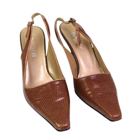 Pancaldi BROWN REAL LEATHER SNAKE MID HEEL POINTED BUCKLE SLINGBACK SHOES Sz 8B - Picture 2 of 12